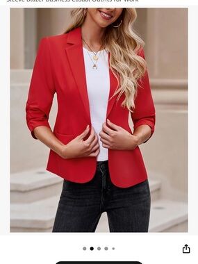 Women's Red Tailored Blazer - 3/4 Sleeve Slim-Fit Work Jacket